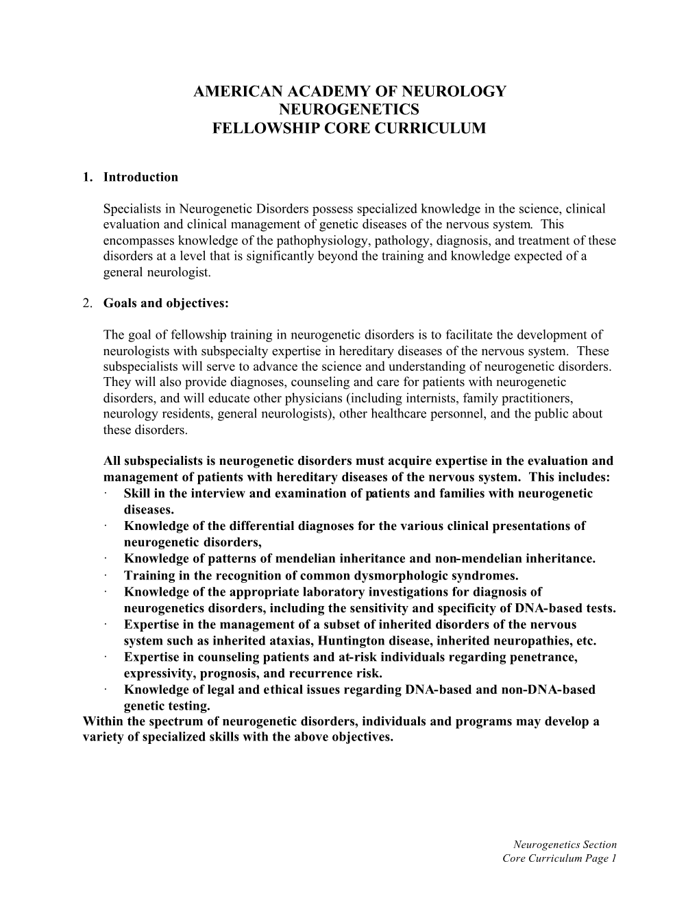 American Academy of Neurology Neurogenetics Fellowship Core Curriculum