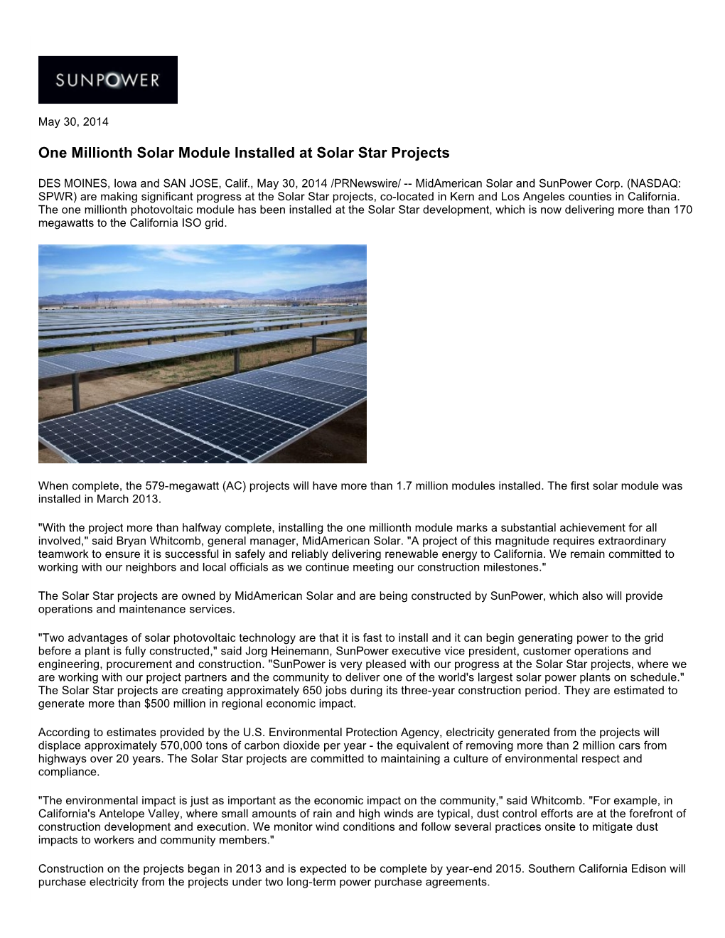 One Millionth Solar Module Installed at Solar Star Projects