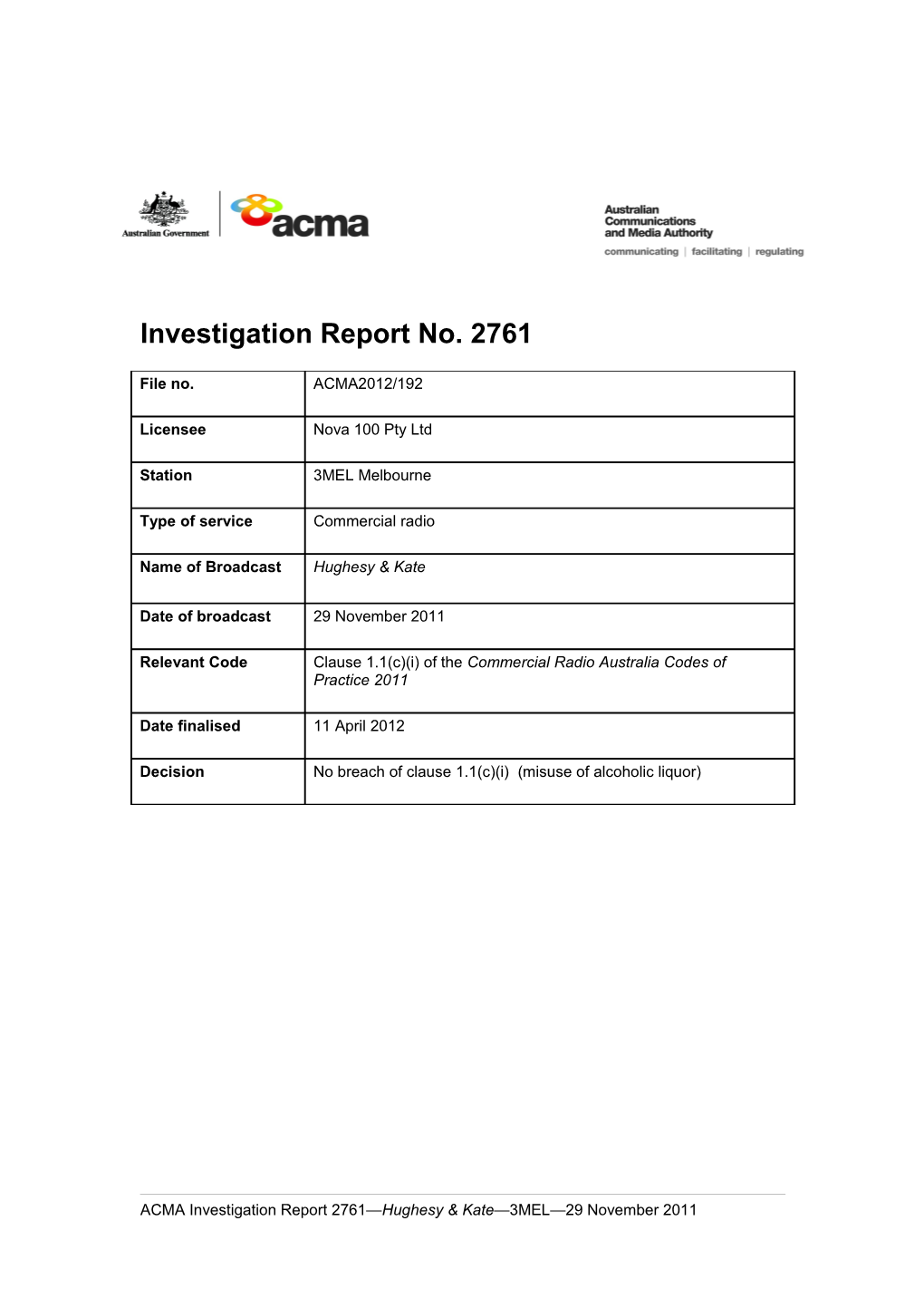 3MEL - ACMA Investigation Report 2761