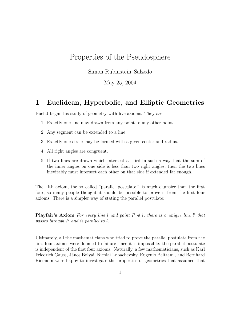 Properties of the Pseudosphere