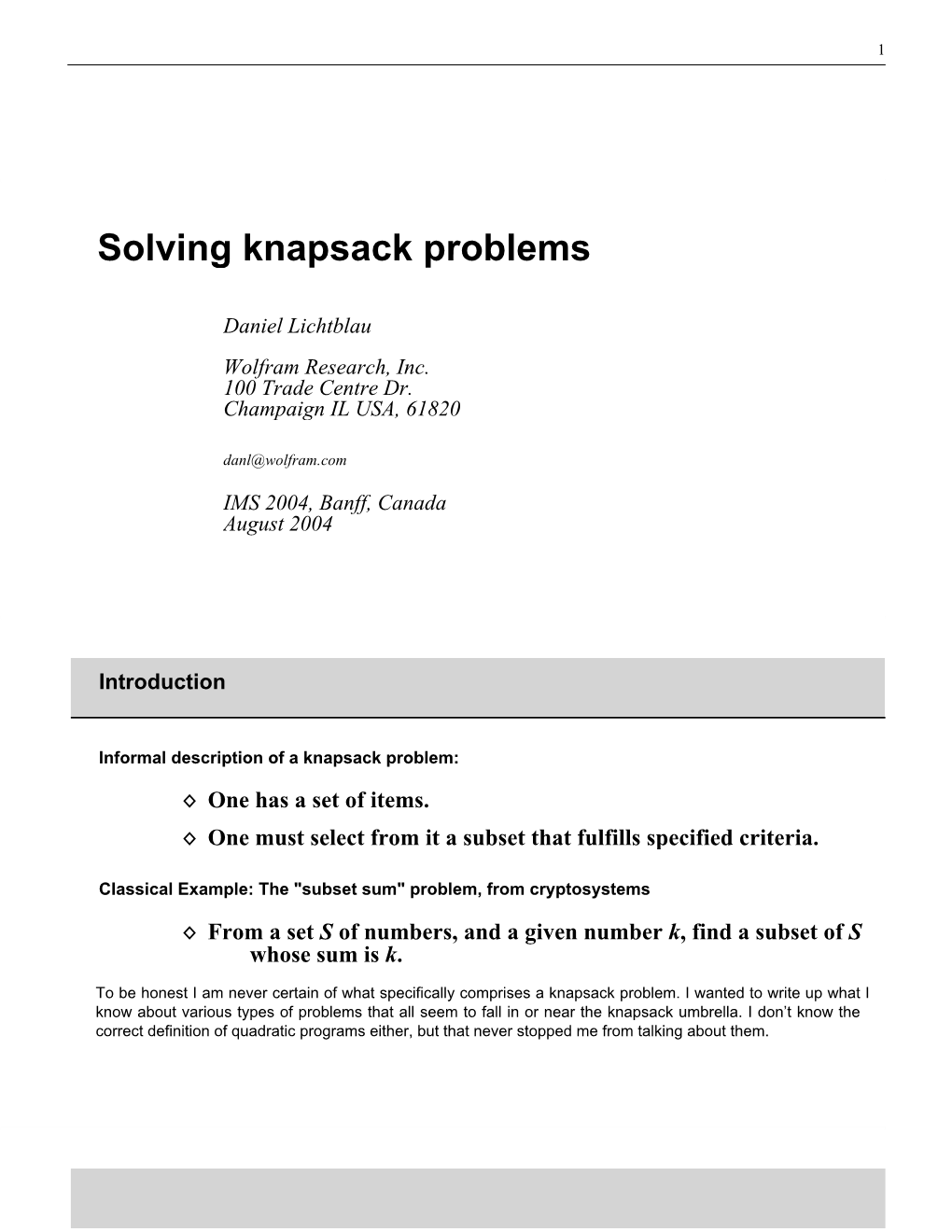 Solving Knapsack Problems