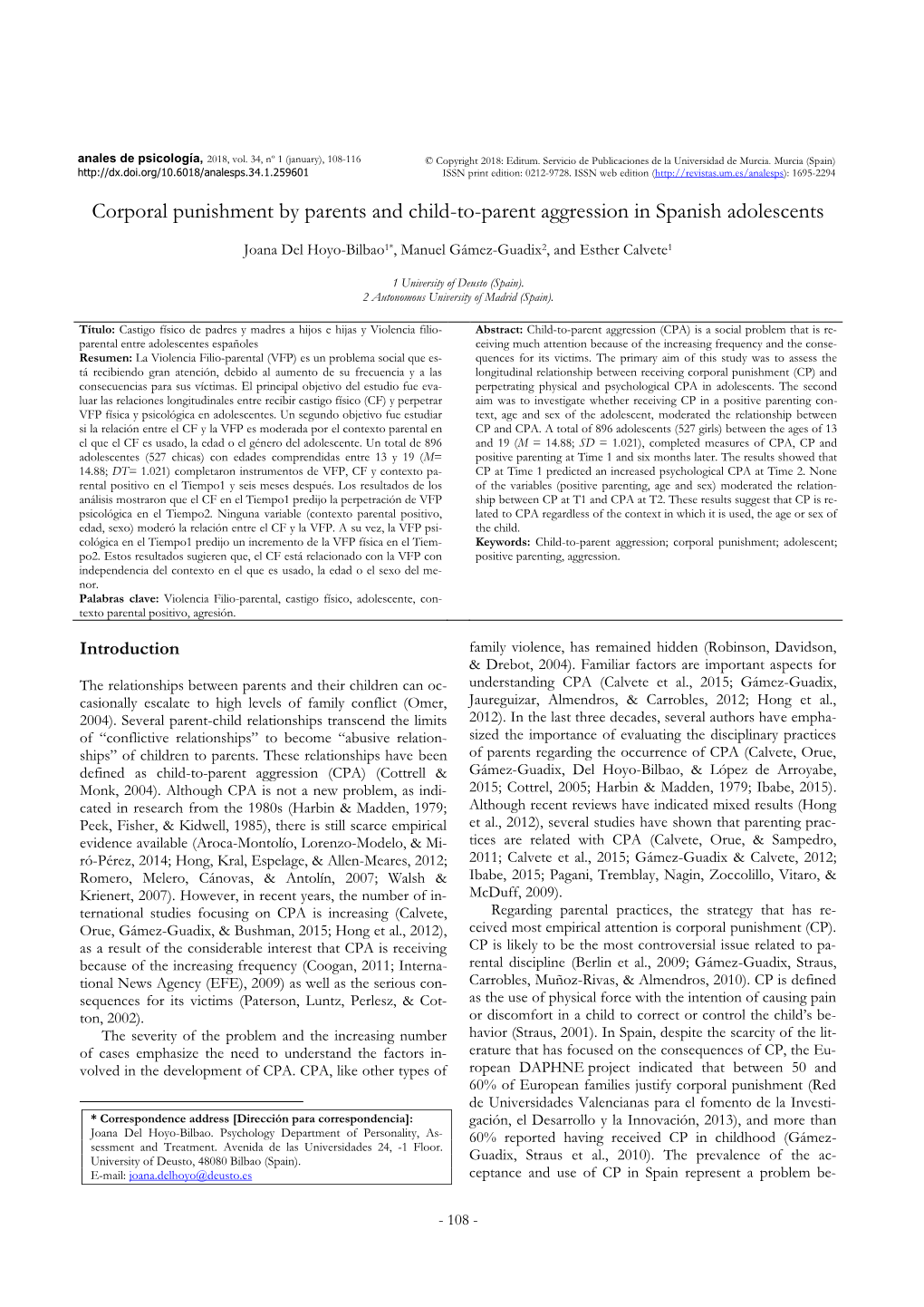 Corporal Punishment by Parents and Child-To-Parent Aggression in Spanish Adolescents