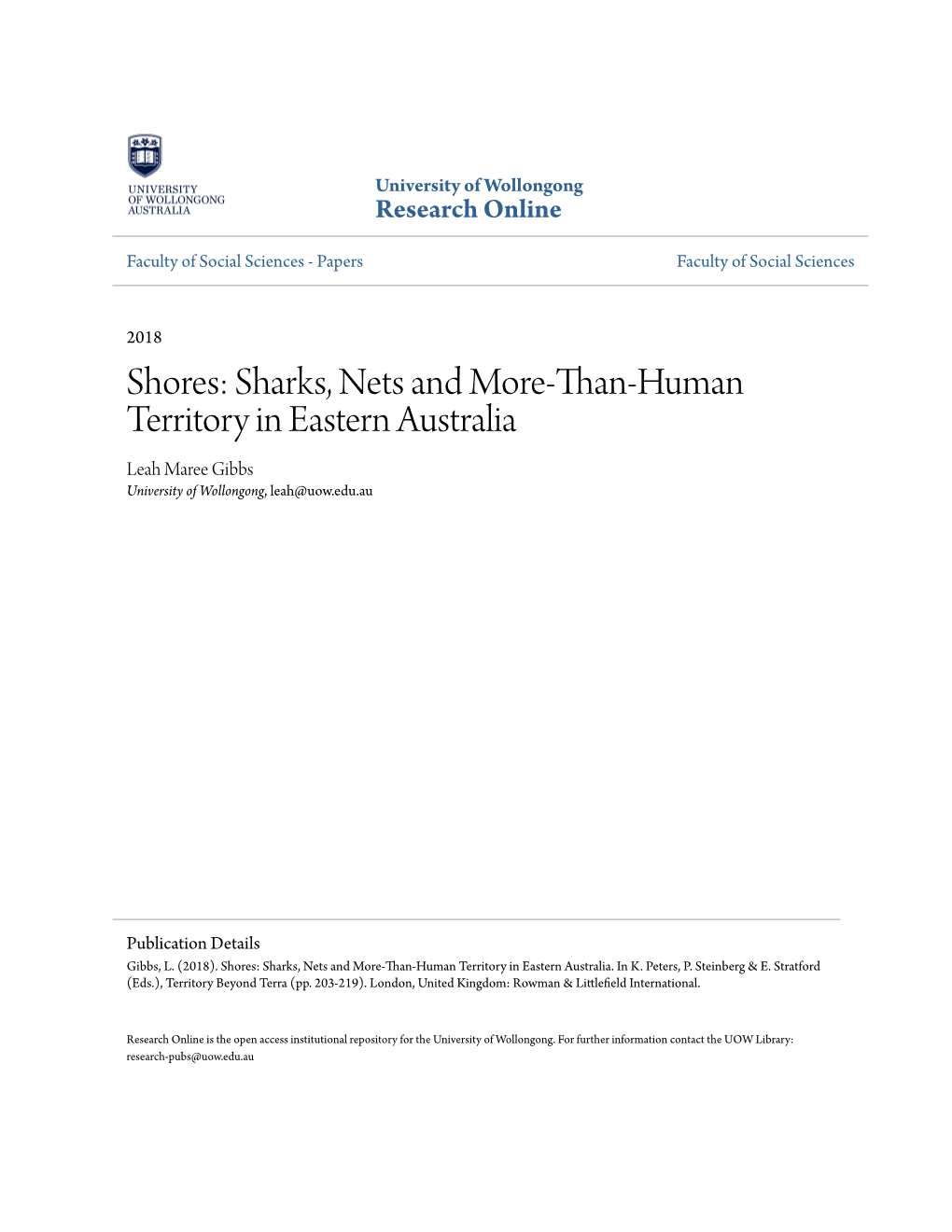 Sharks, Nets and More-Than-Human Territory in Eastern Australia Leah Maree Gibbs University of Wollongong, Leah@Uow.Edu.Au