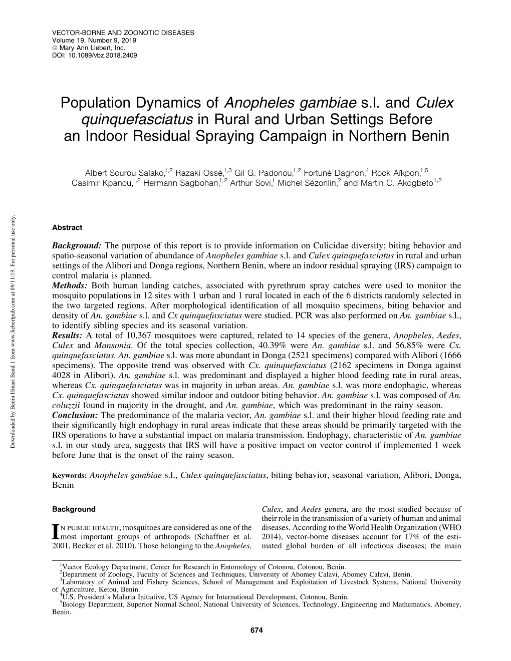 Population Dynamics of Anopheles Gambiae S.L. and Culex Quinquefasciatus in Rural and Urban Settings Before an Indoor Residual Spraying Campaign in Northern Benin