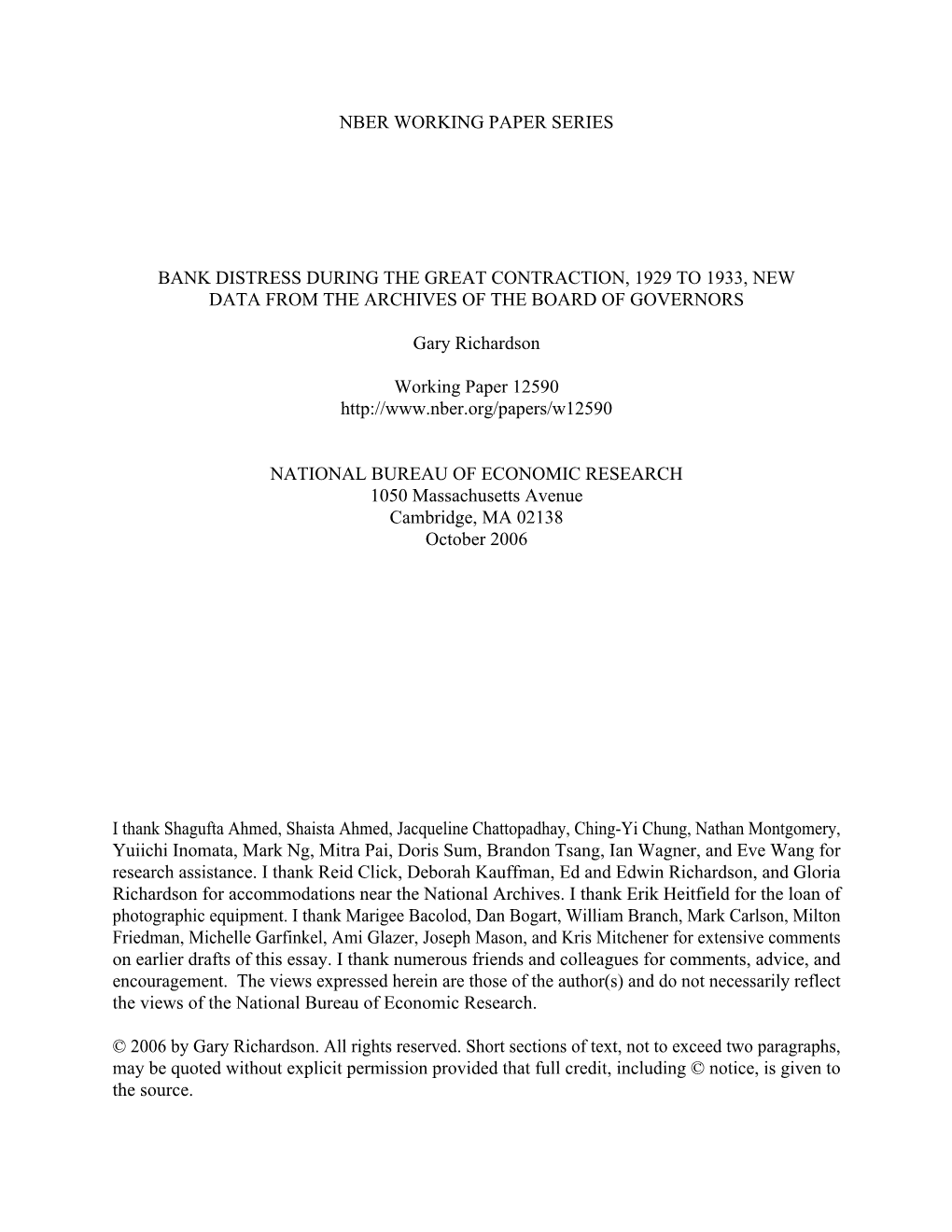 Nber Working Paper Series Bank Distress During The