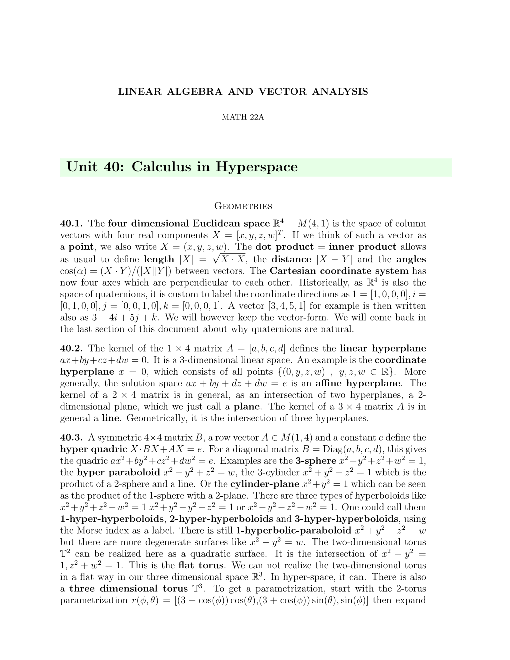 Unit 40: Calculus in Hyperspace