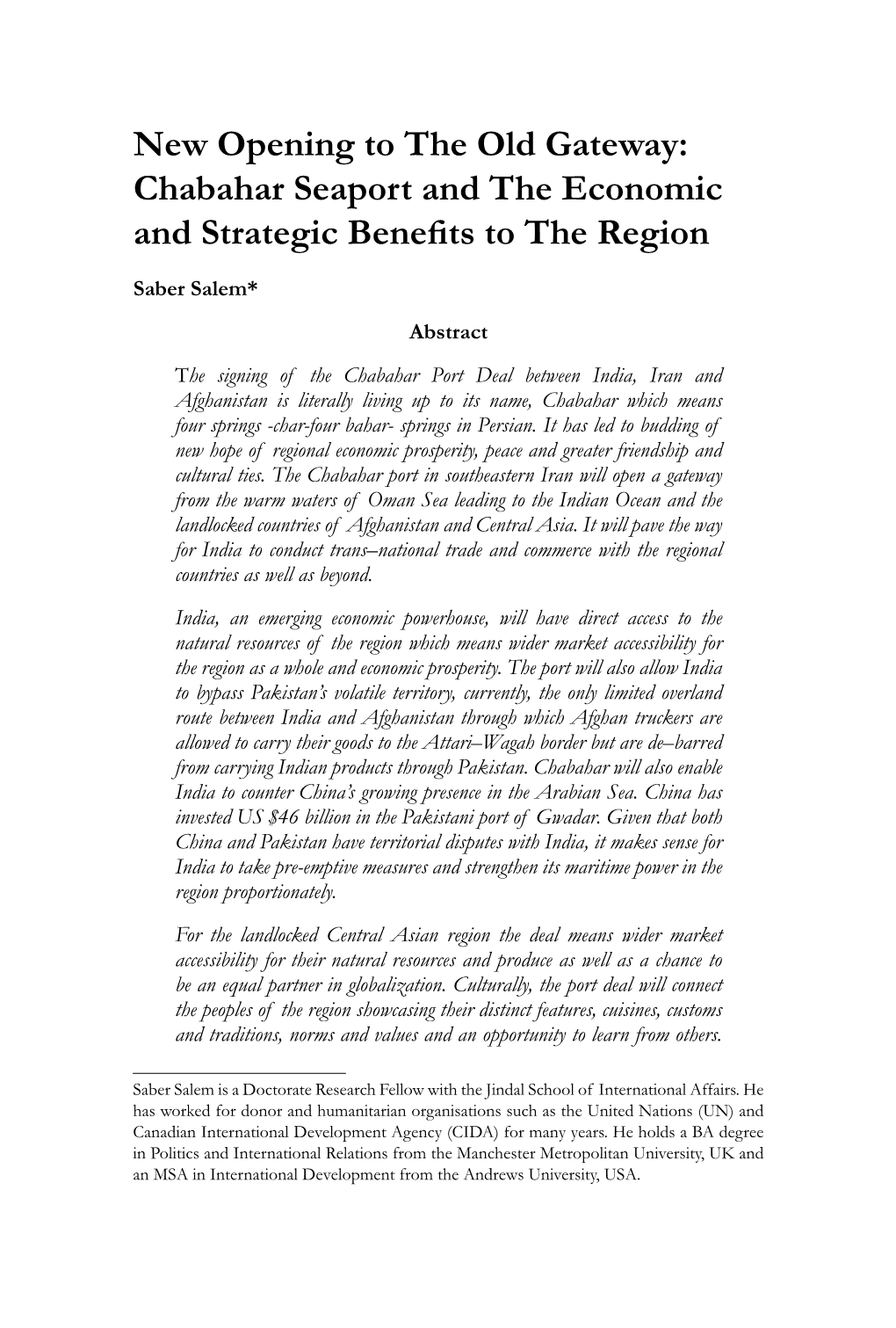 Chabahar Seaport and the Economic and Strategic Benefits to the Region