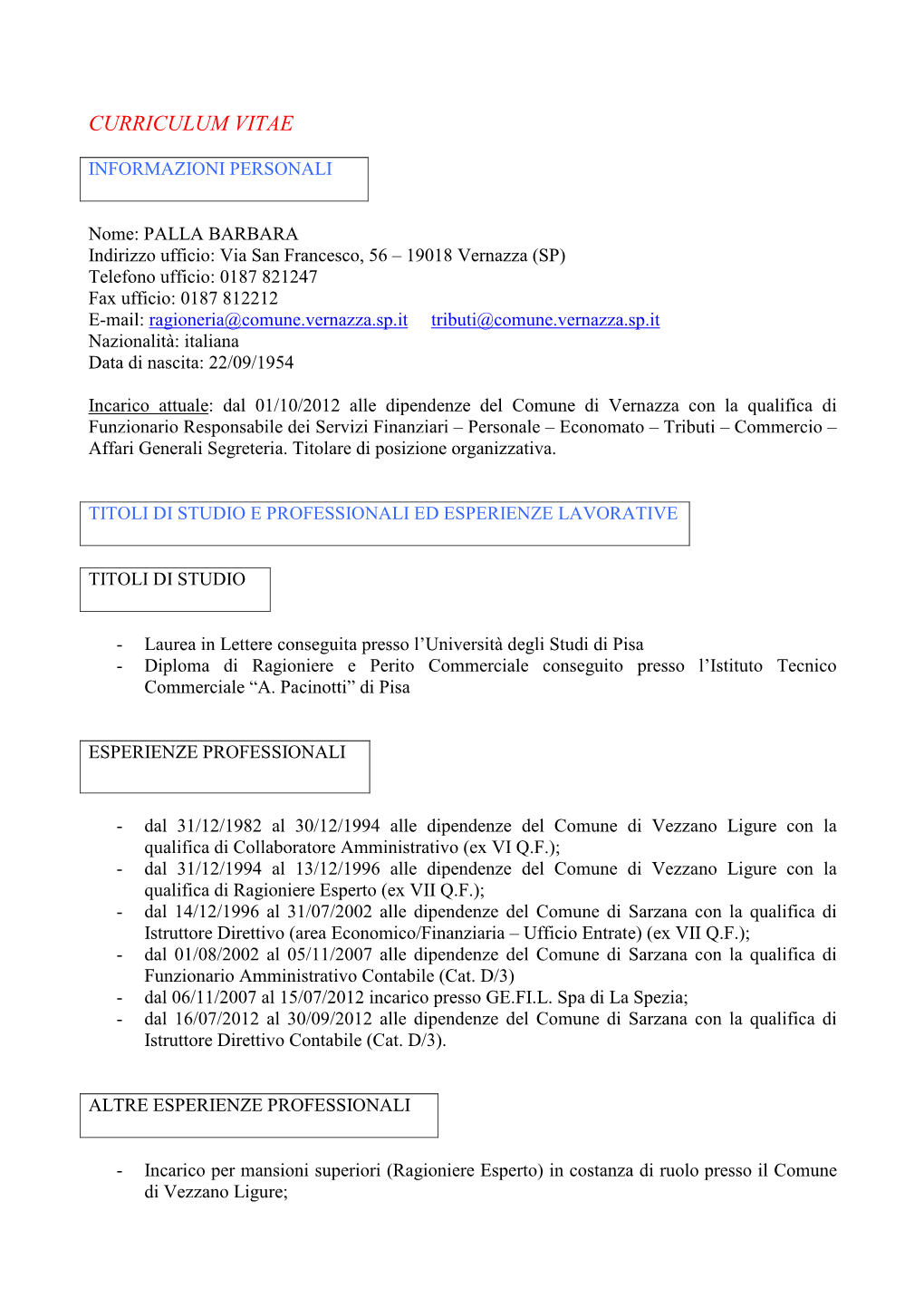 Curriculum Vitae Barbara Palla