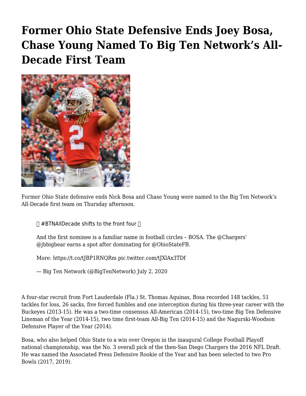 Former Ohio State Defensive Ends Joey Bosa, Chase Young Named to Big Ten Network’S All- Decade First Team