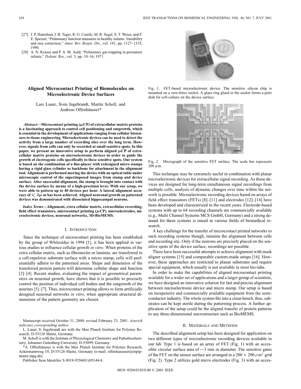 Aligned Microcontact Printing of Biomolecules on Microelectronic Device Surfaces