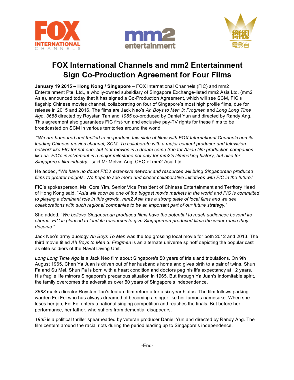 FOX International Channels and Mm2 Entertainment Sign Co-Production Agreement for Four Films