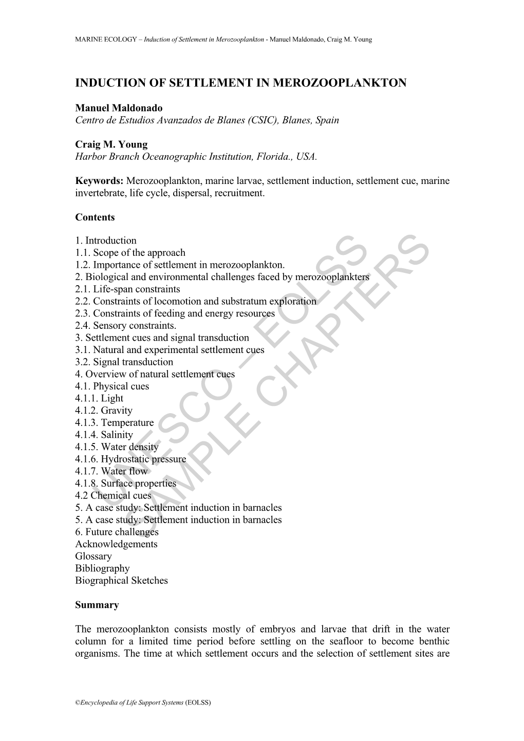 Induction of Settlement in Merozooplankton - Manuel Maldonado, Craig M