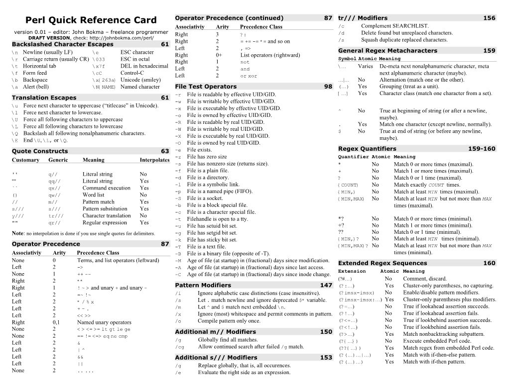 Perl Quick Reference Card Operator Precedence (Continued) 87 Tr/// Modifiers 156 Associativiy Arity Precedence Class /C Complement SEARCHLIST