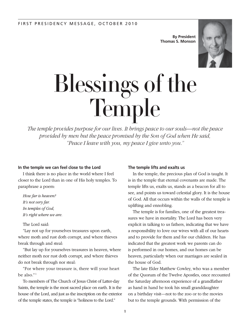 Blessings of the Temple the Temple Provides Purpose for Our Lives