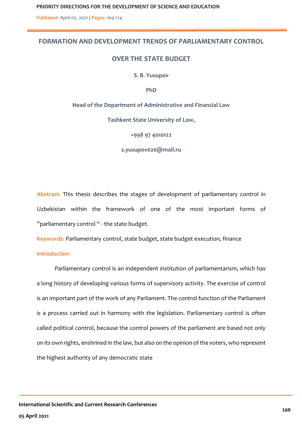 Formation and Development Trends of Parliamentary Control Over the State