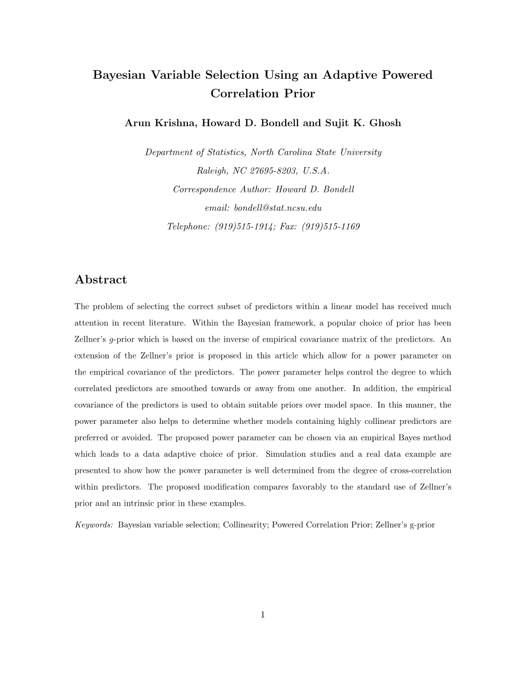 Bayesian Variable Selection Using an Adaptive Powered Correlation Prior