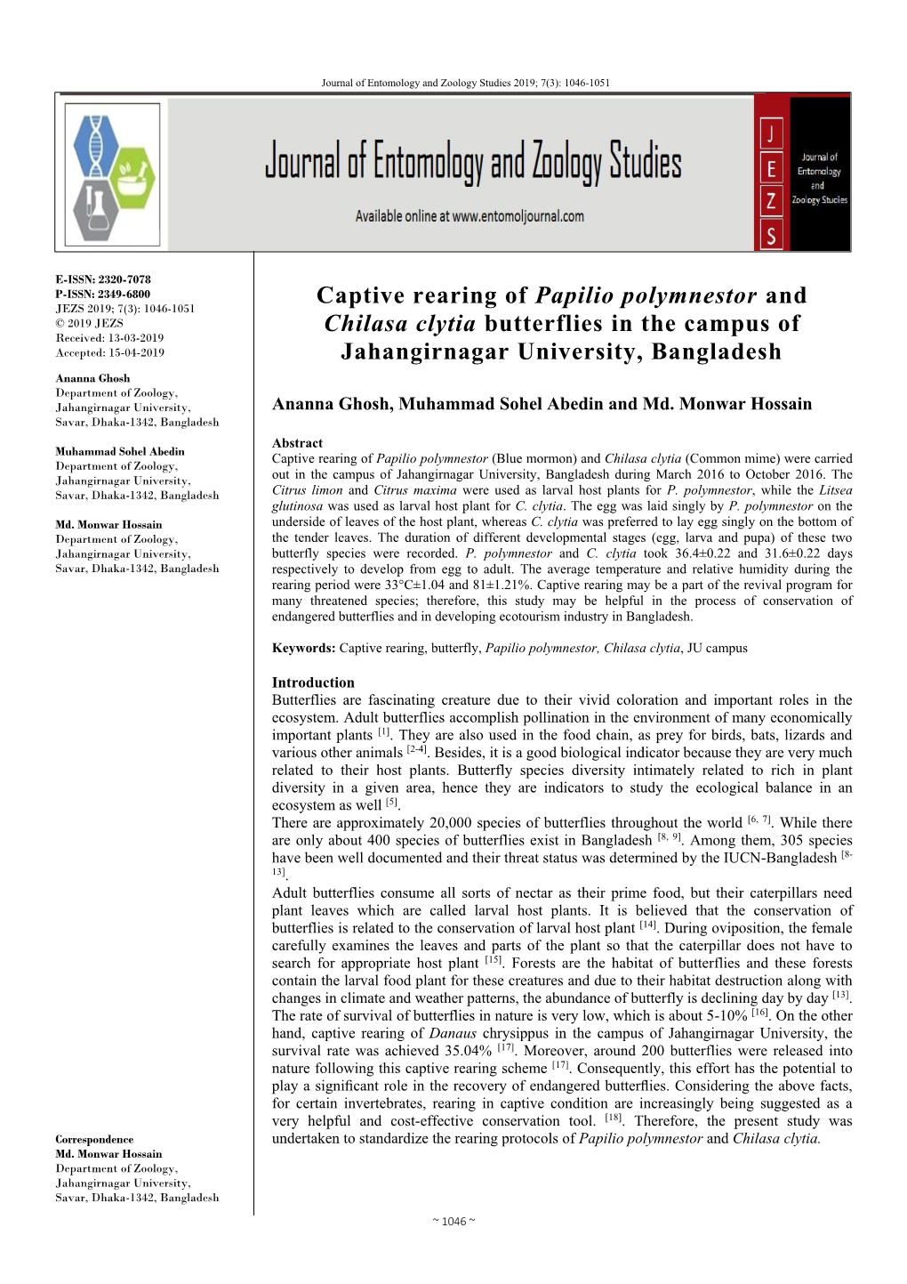 Captive Rearing of Papilio Polymnestor and Chilasa Clytia Butterflies in The