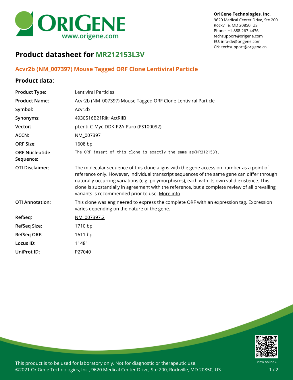 Acvr2b (NM 007397) Mouse Tagged ORF Clone Lentiviral Particle Product Data