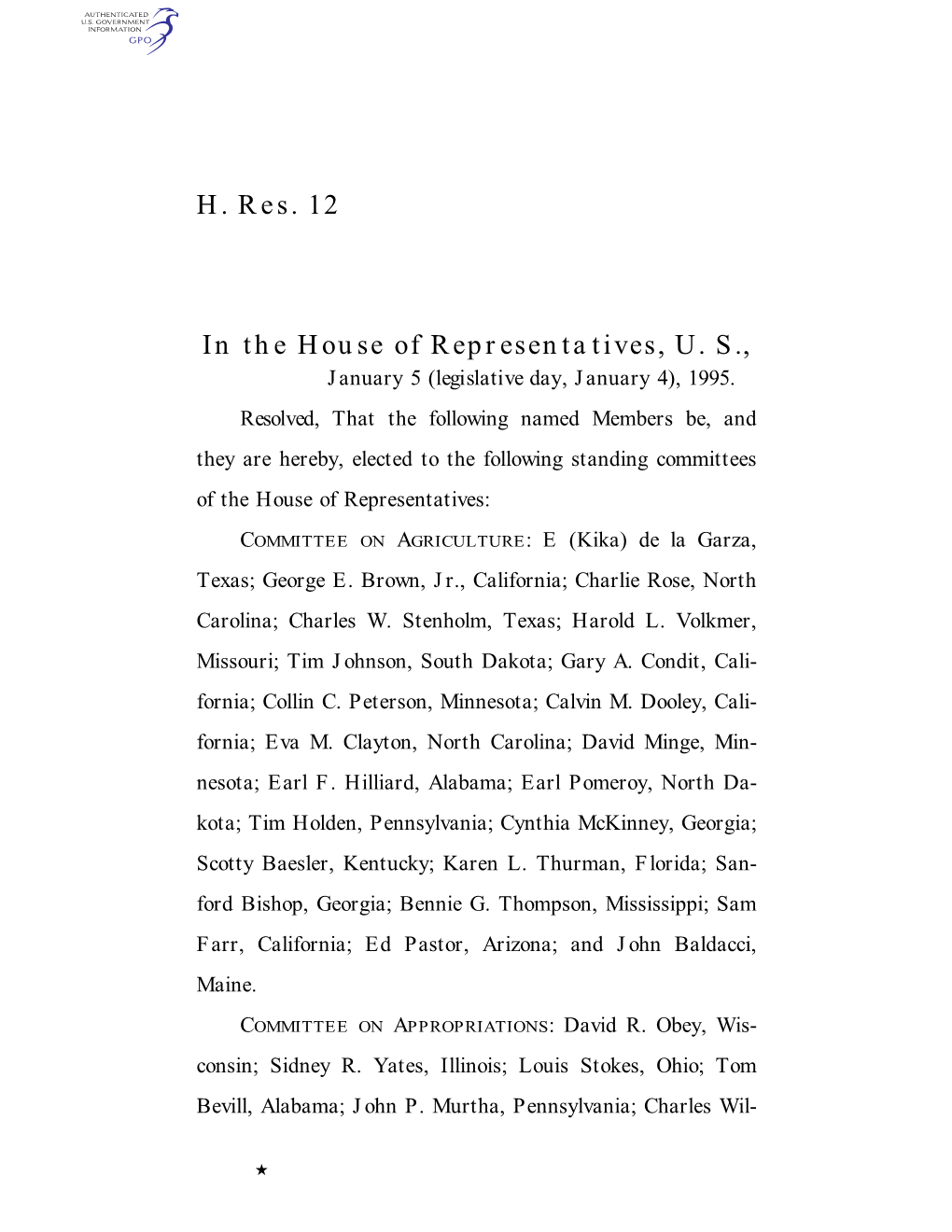 H. Res. 12 in the House of Representatives, U