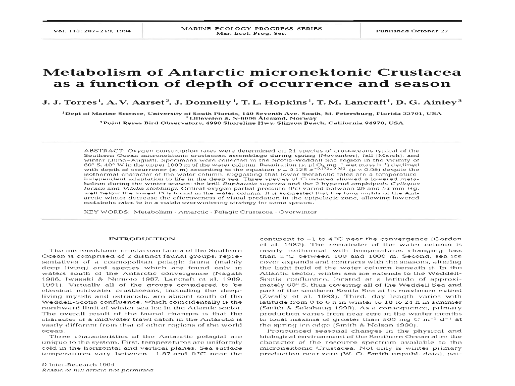 Metabolism of Antarctic Micronektonic Crustacea As a Function of Depth of Occurrence and Season