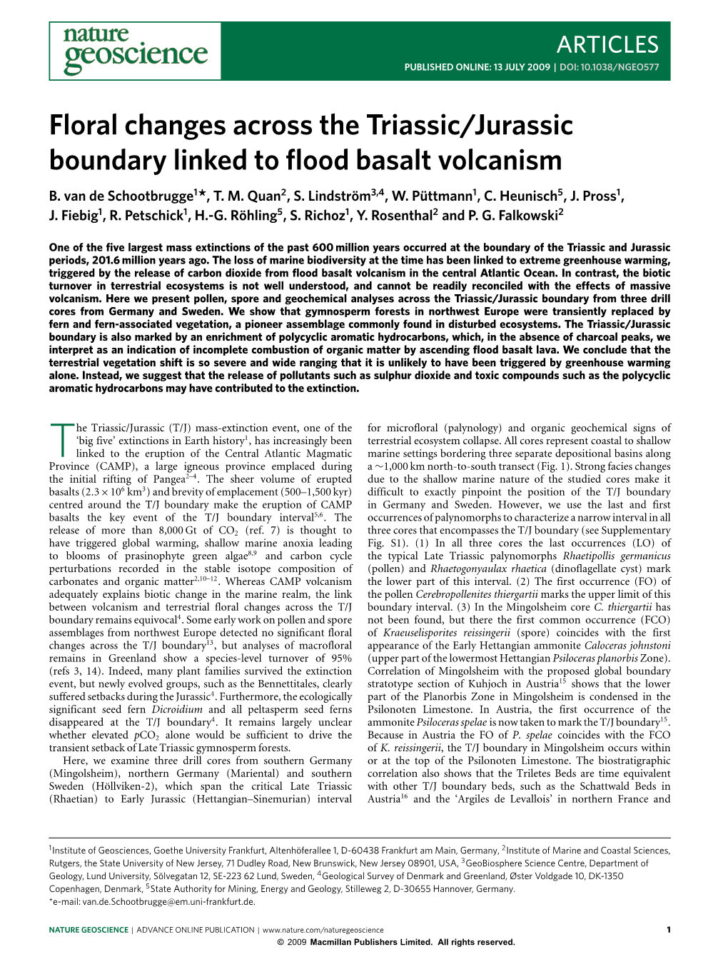 Floral Changes Across the Triassic/Jurassic Boundary Linked to Flood Basalt Volcanism