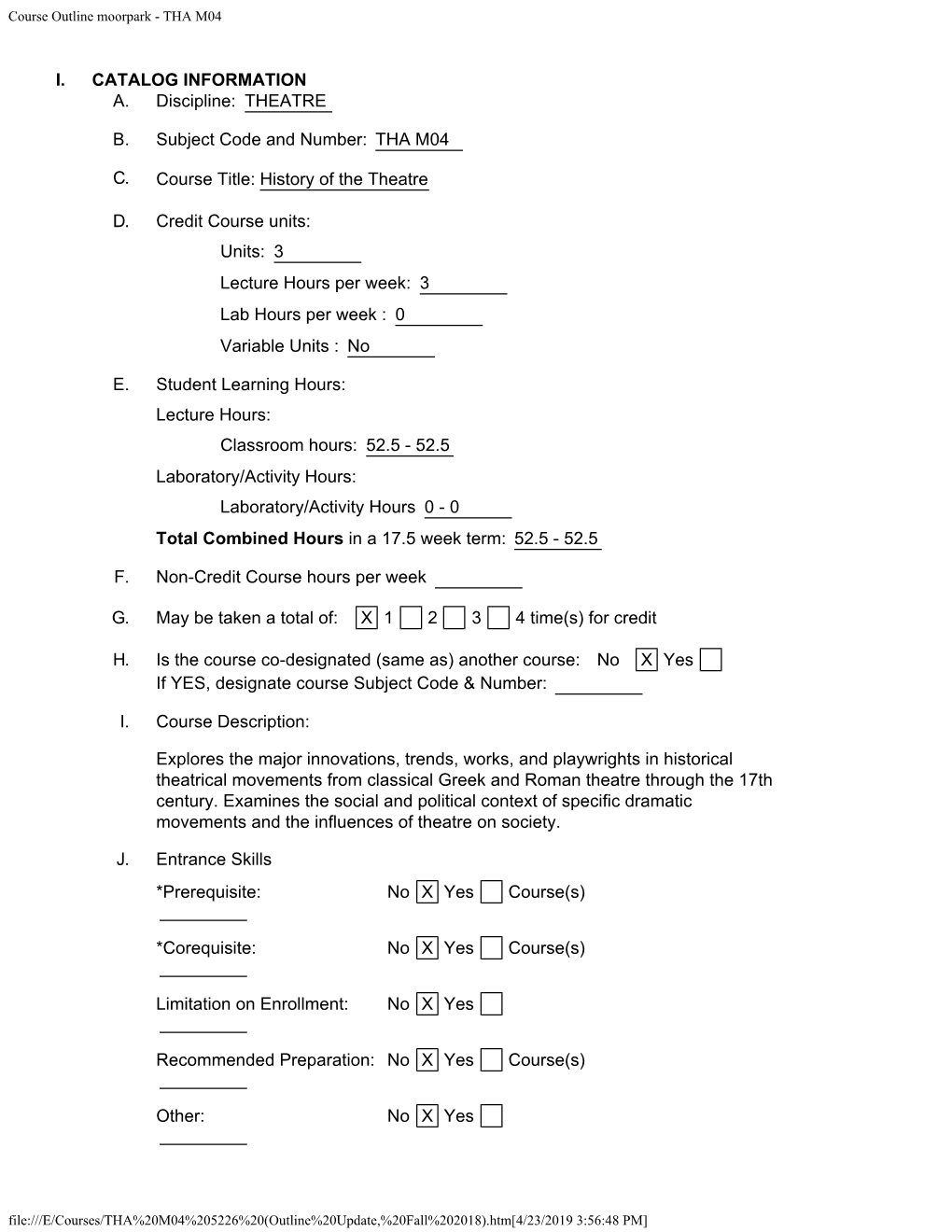 Course Outline Moorpark - THA M04