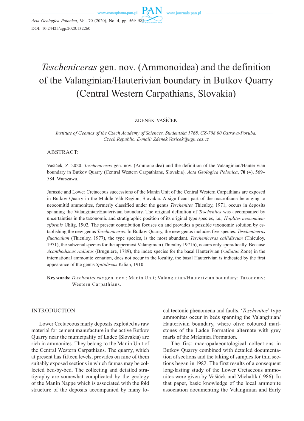 Tescheniceras Gen. Nov. (Ammonoidea) and the Definition of the Valanginian/Hauterivian Boundary in Butkov Quarry (Central Western Carpathians, Slovakia)