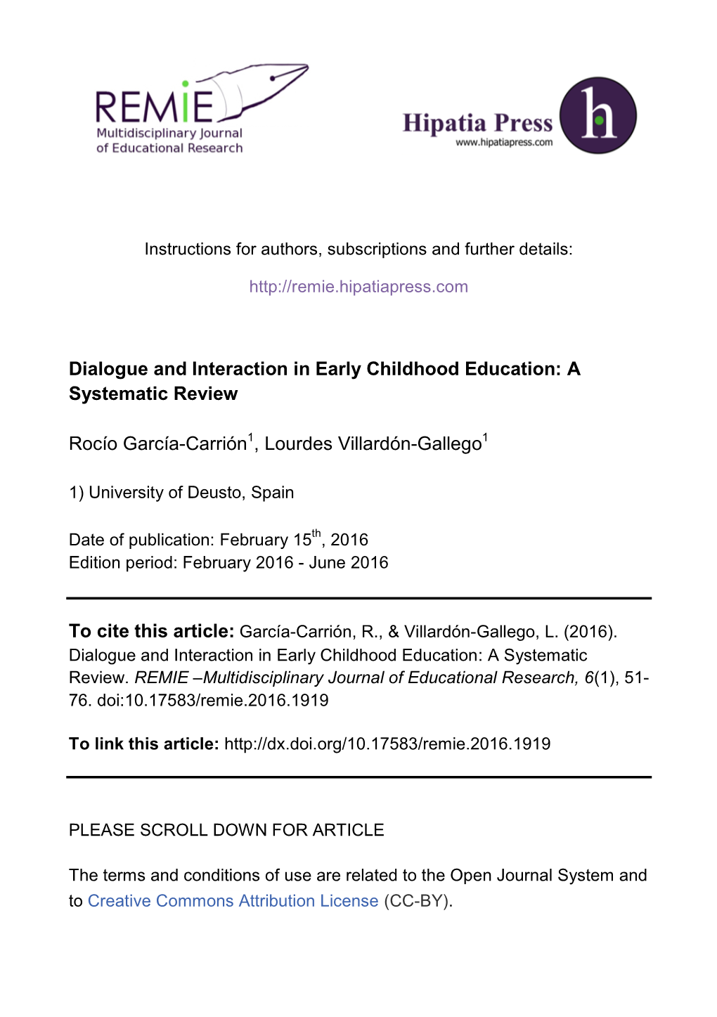 Dialogue and Interaction in Early Childhood Education: a Systematic Review