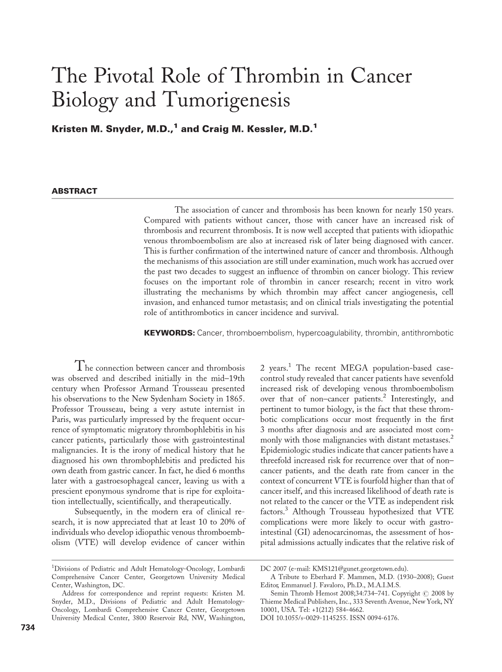 The Pivotal Role of Thrombin in Cancer Biology and Tumorigenesis