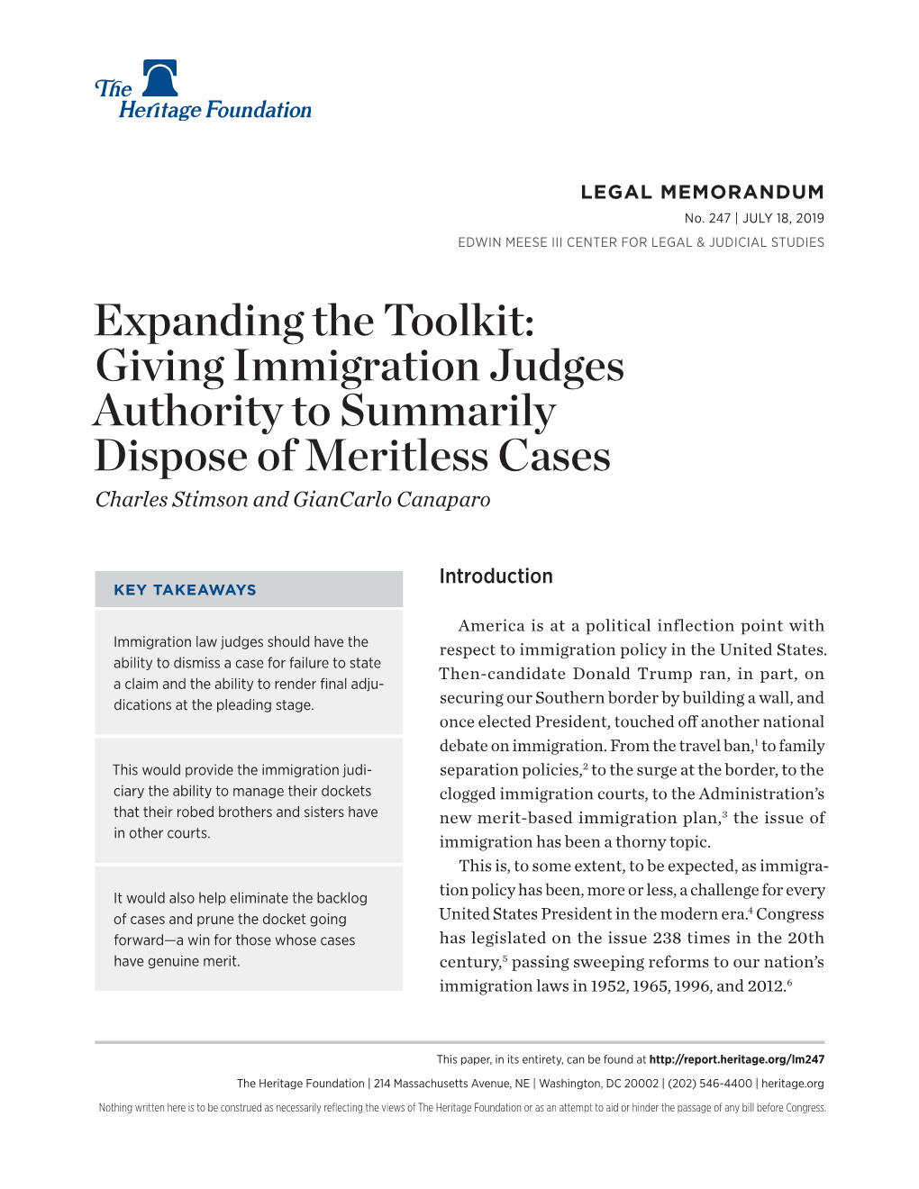 Giving Immigration Judges Authority to Summarily Dispose of Meritless Cases Charles Stimson and Giancarlo Canaparo