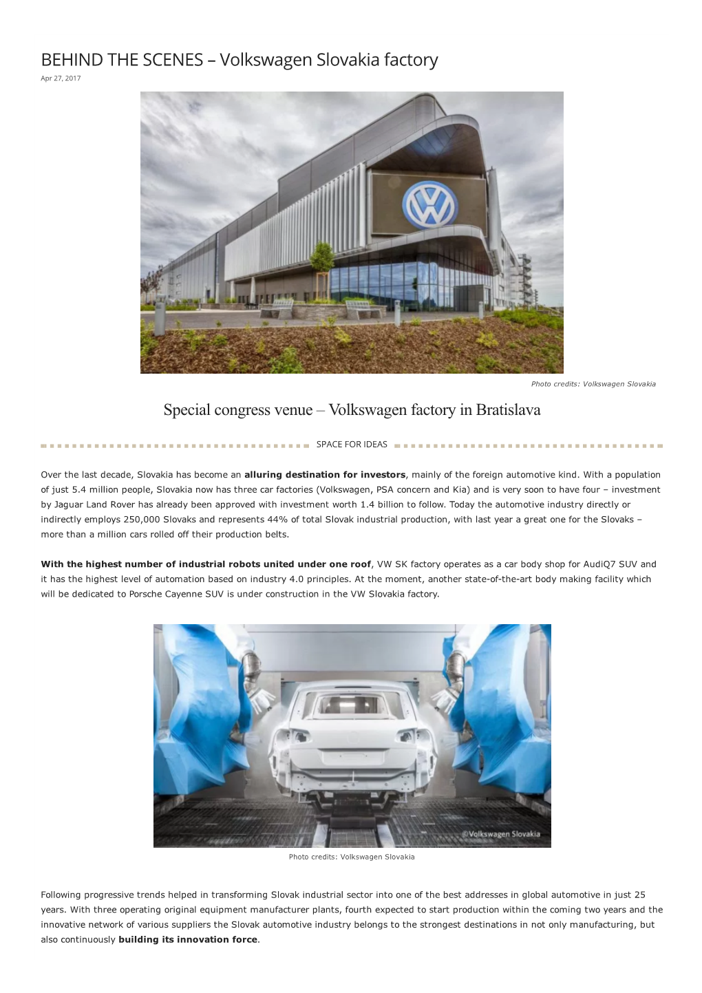 BEHIND the SCENES – Volkswagen Slovakia Factory Apr 27, 2017