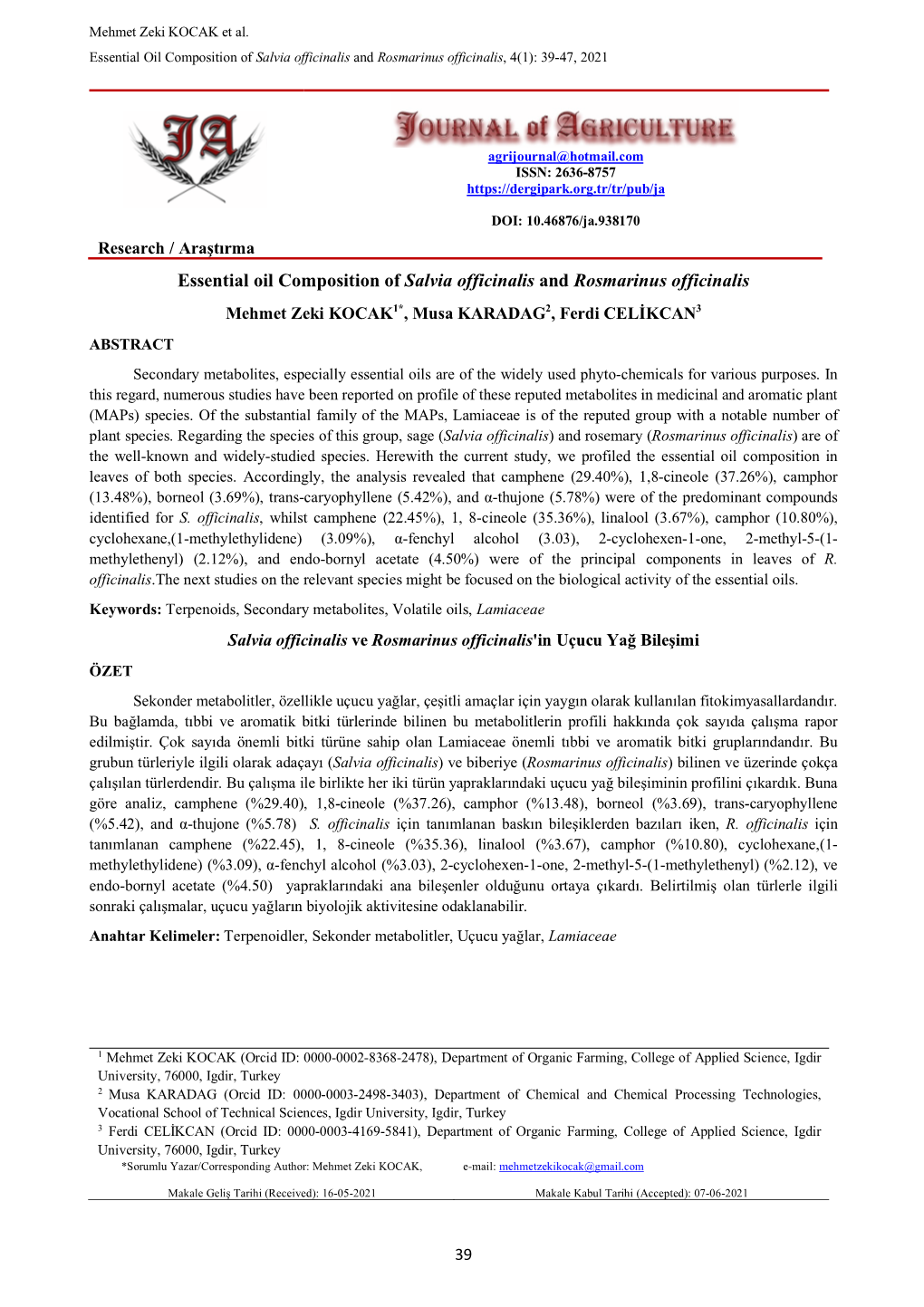 Essential Oil Composition of Salvia Officinalis and Rosmarinus Officinalis, 4(1): 39-47, 2021