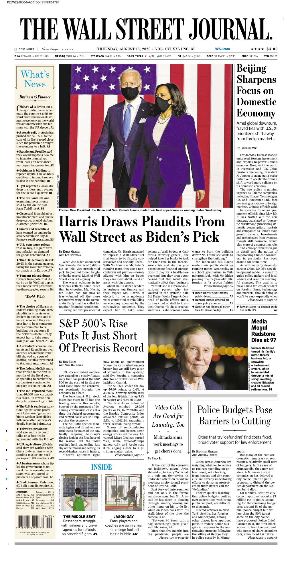 Harris Draws Plaudits from Wall Street As Biden's Pick