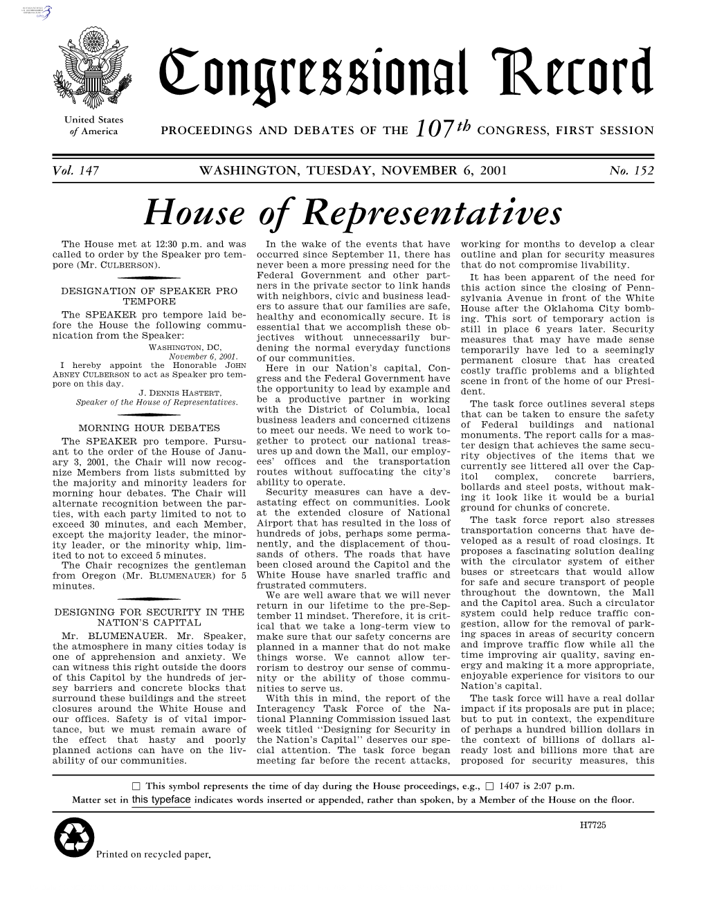 Congressional Record United States of America PROCEEDINGS and DEBATES of the 107Th CONGRESS, FIRST SESSION