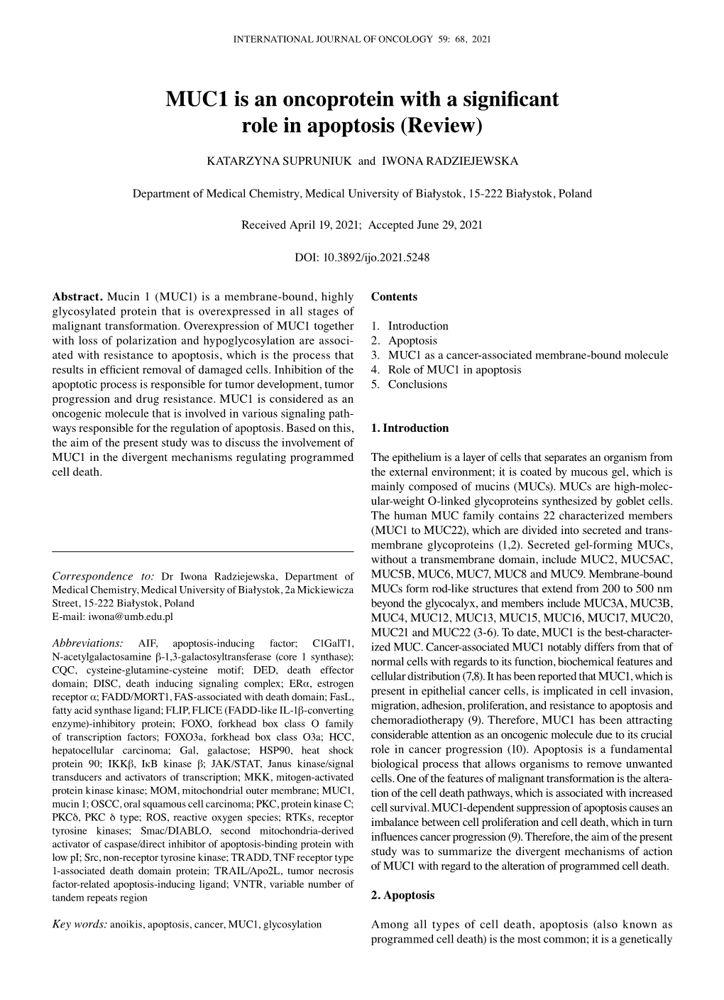 MUC1 Is an Oncoprotein with a Significant Role in Apoptosis (Review)