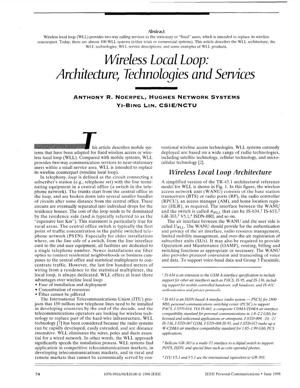 Wireless Local Loop: Architecture Technologies and Services