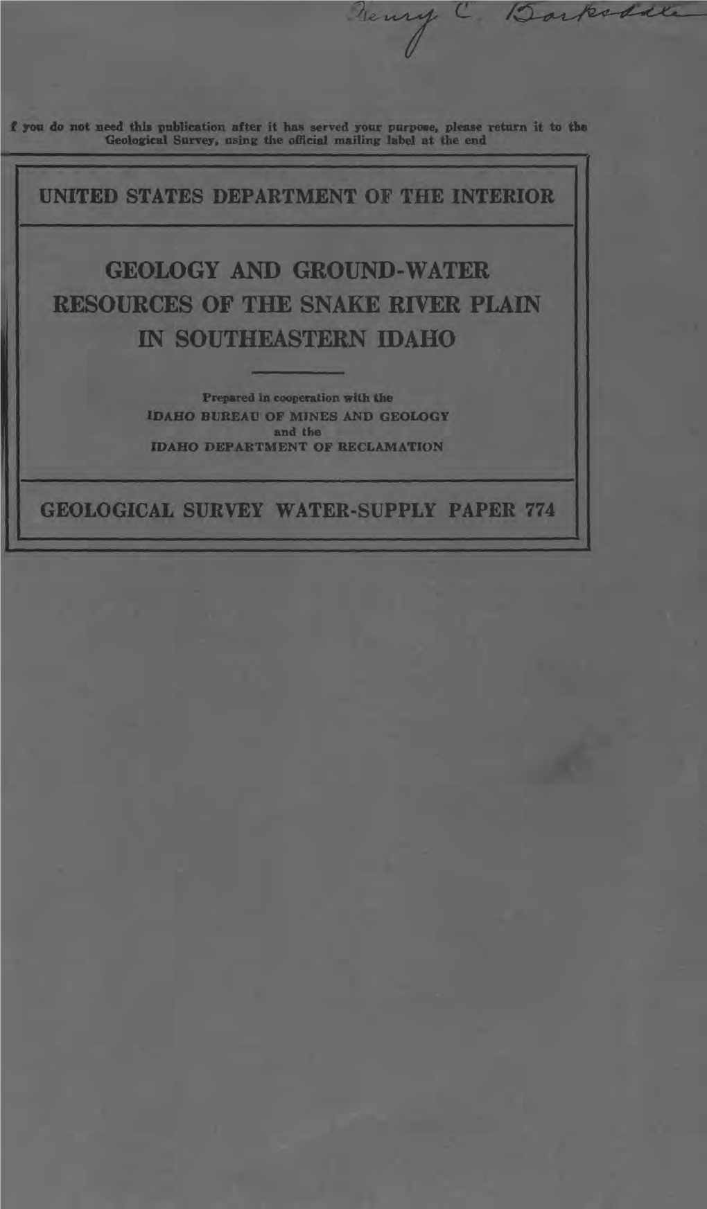 Geology and Ground-Water Resources of the Snake River Plain in Southeastern Idaho