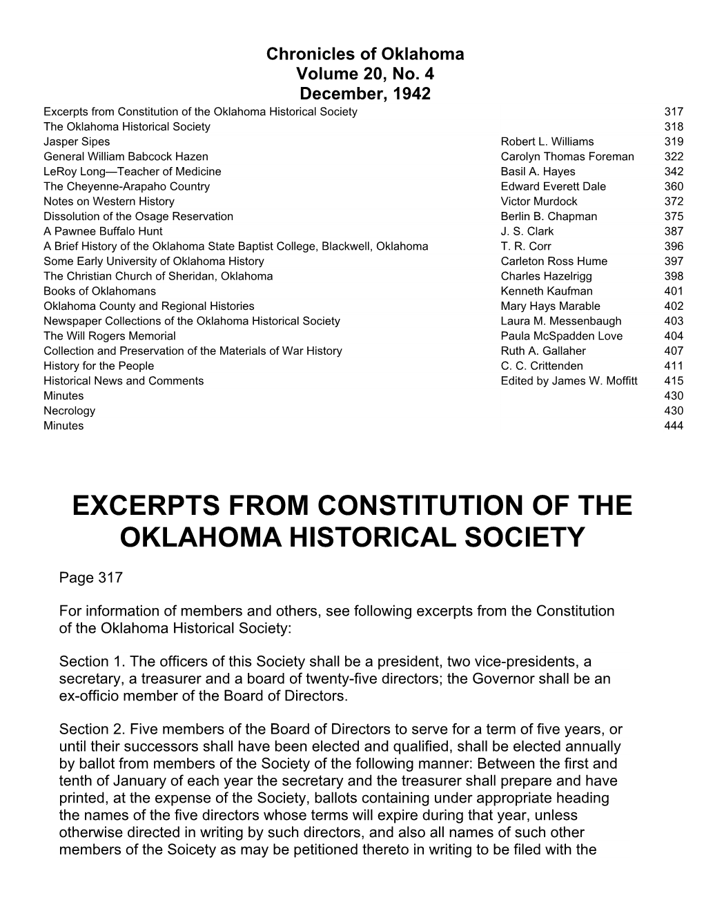 Excerpts from Constitution of the Oklahoma Historical Society 317 the Oklahoma Historical Society 318 Jasper Sipes Robert L