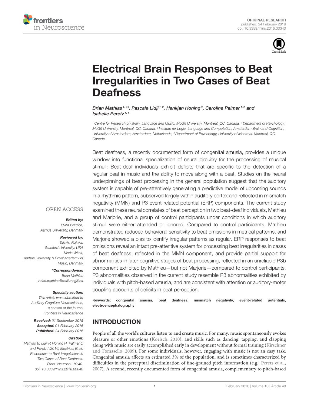 Electrical Brain Responses to Beat Irregularities in Two Cases of Beat Deafness