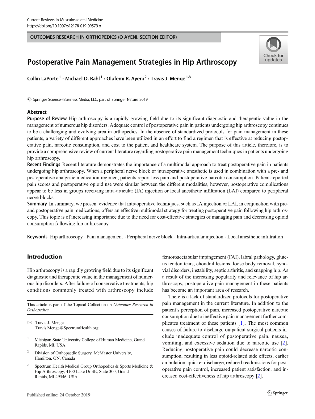 Postoperative Pain Management Strategies in Hip Arthroscopy