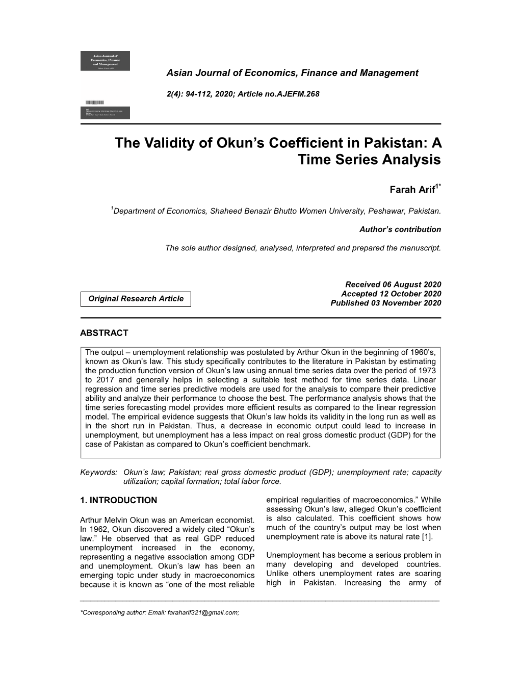 The Validity of Okun's Coefficient in Pakistan