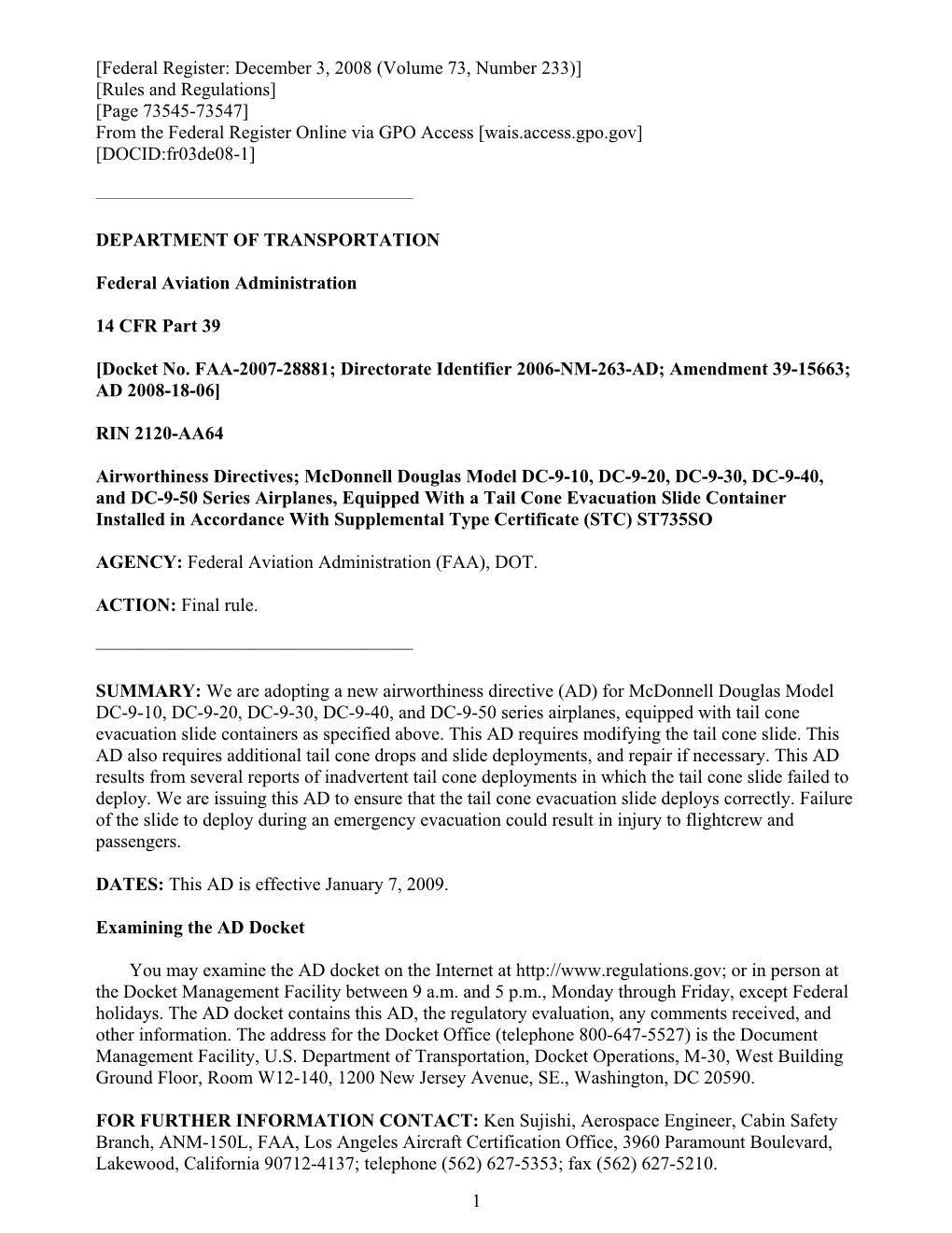 Federal Register: December 3, 2008 (Volume 73, Number 233)