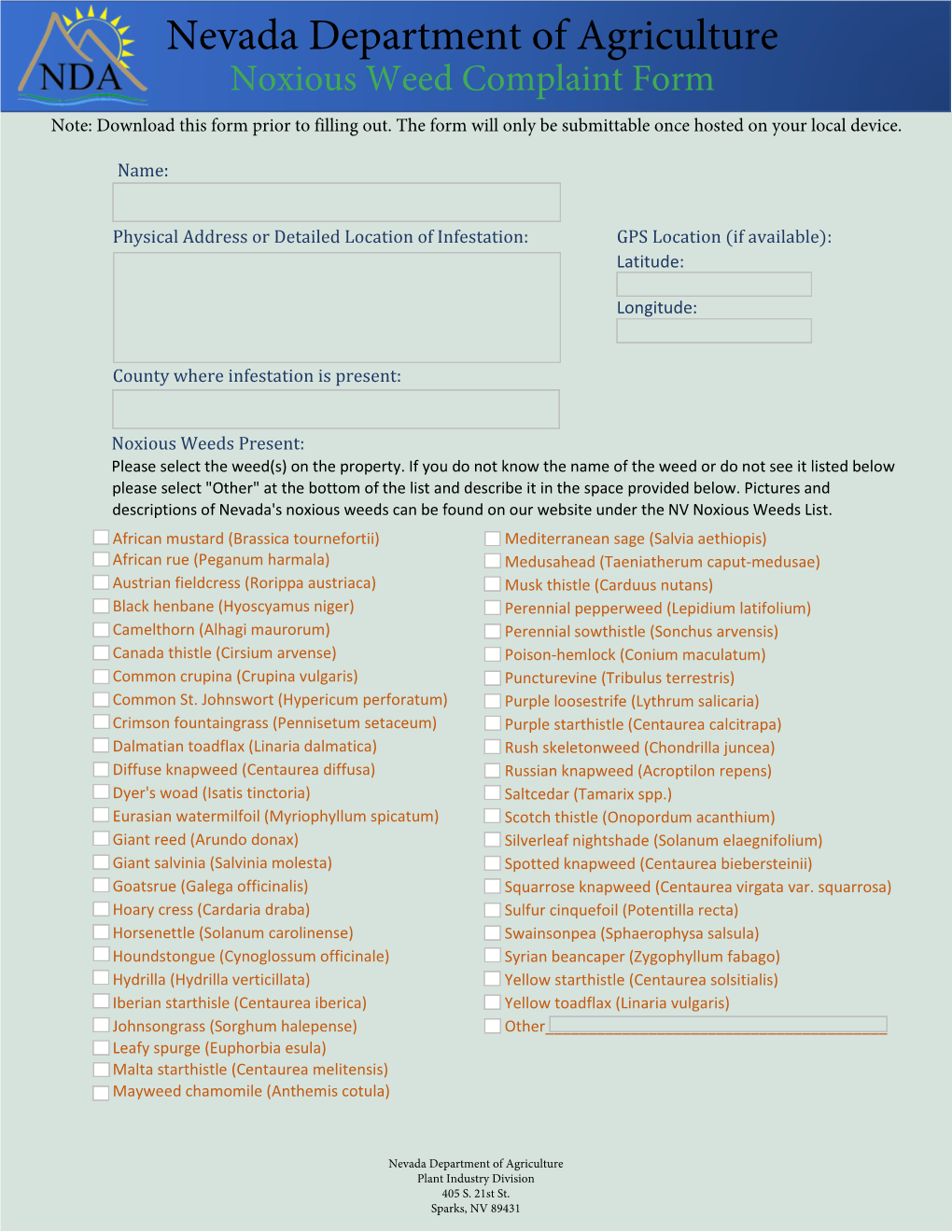 Nevada Department of Agriculture Noxious Weed Complaint Form Note: Download This Form Prior to Filling Out