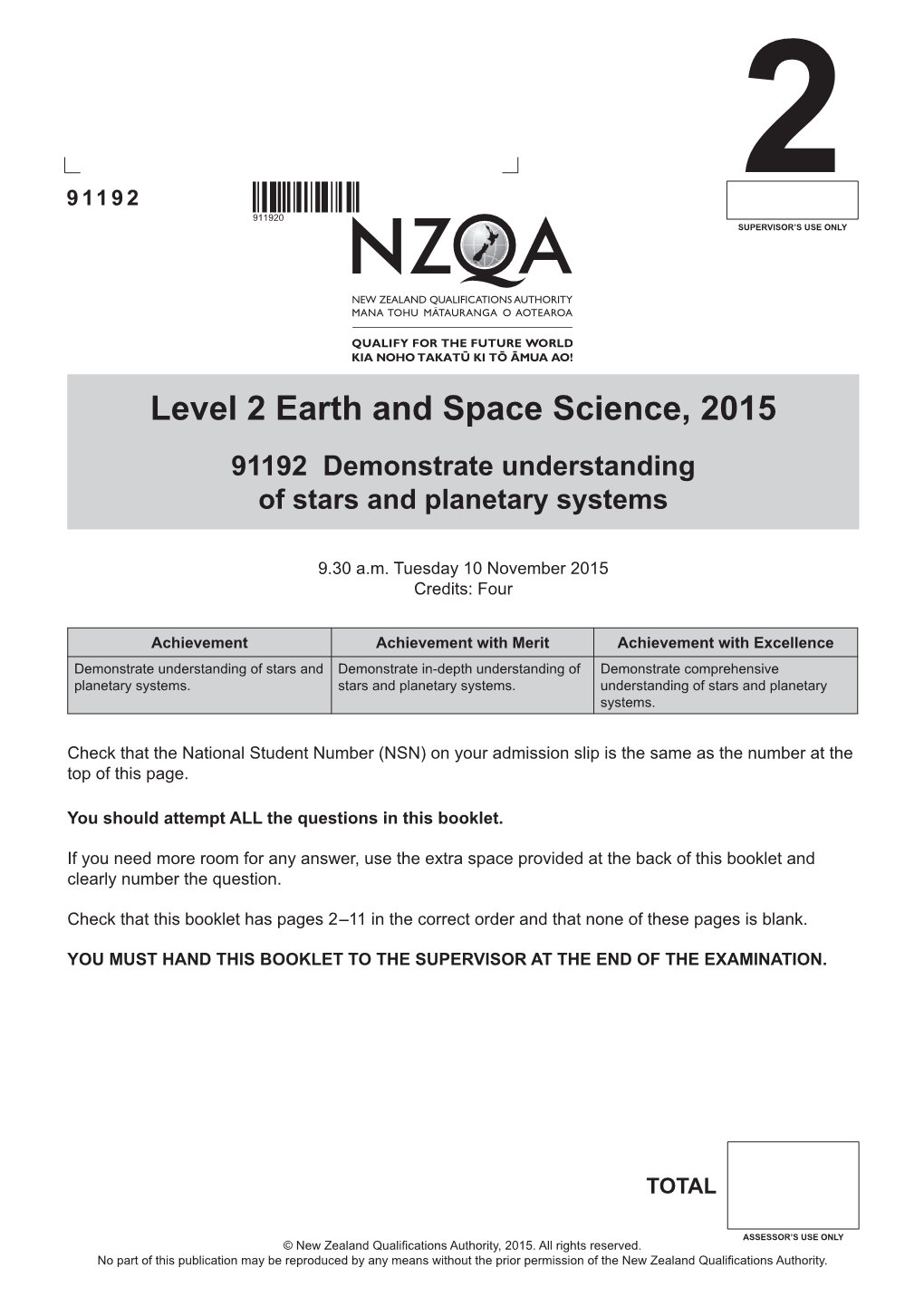 Level 2 Earth and Space Science (91192) 2015