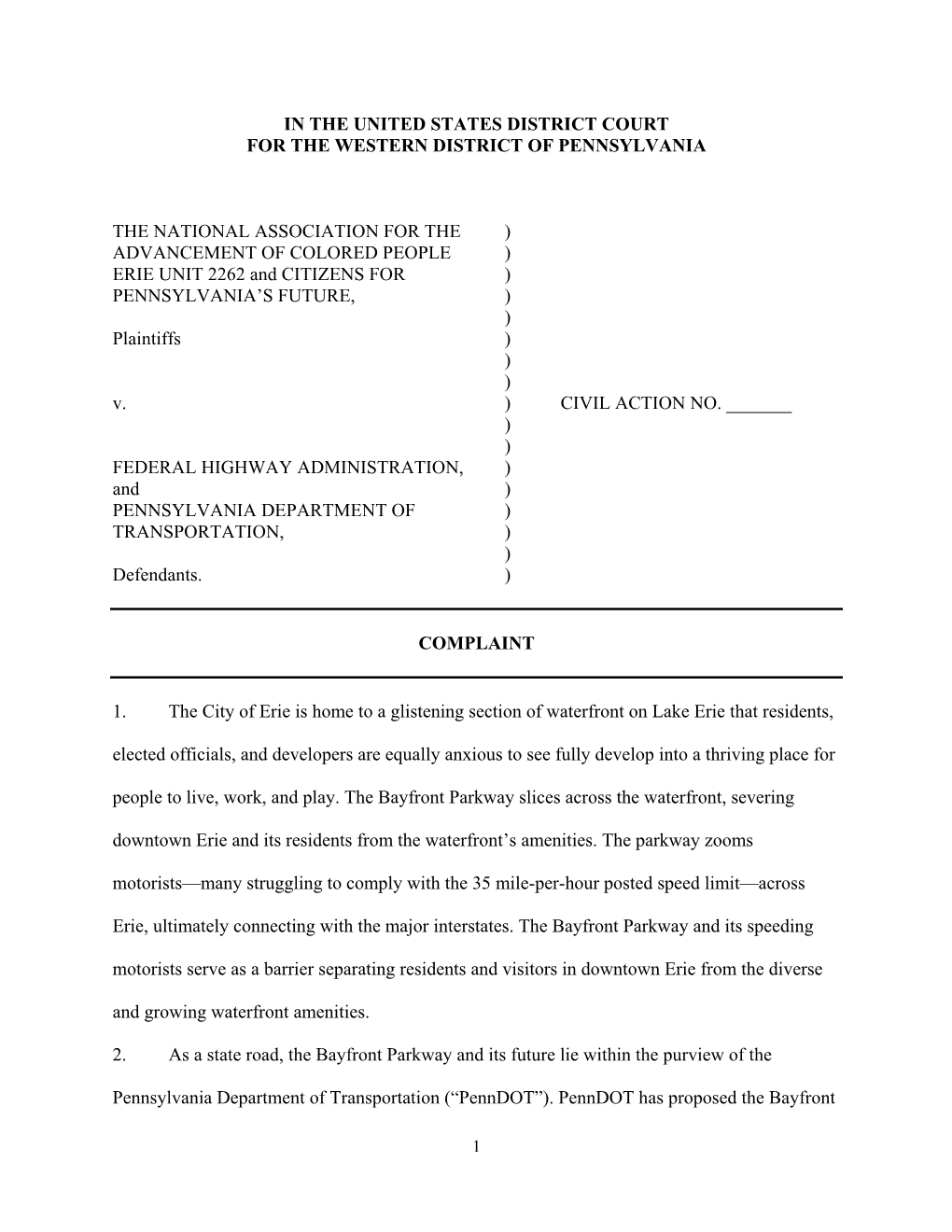 Erie Bayfront NAACP and Pennfuture Lawsuit V. Federal