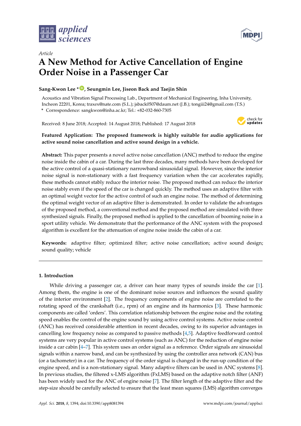 A New Method for Active Cancellation of Engine Order Noise in a Passenger Car