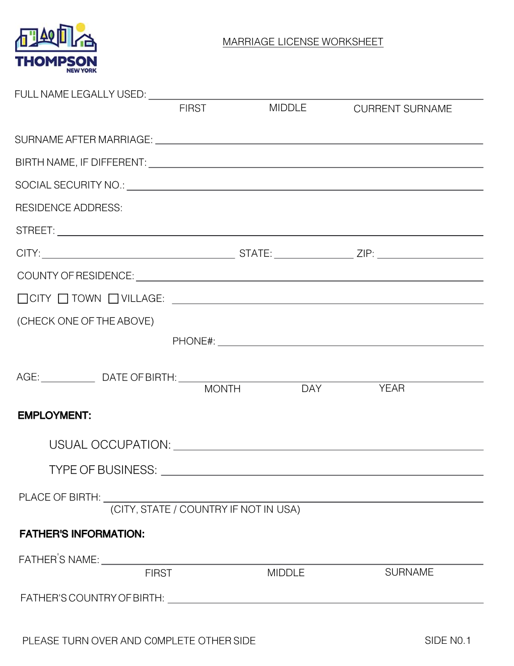 Marriage License Worksheet Information