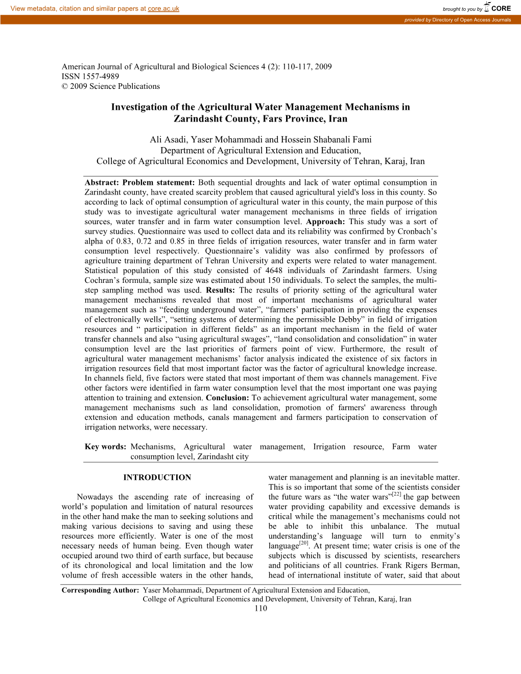 Investigation of the Agricultural Water Management Mechanisms in Zarindasht County, Fars Province, Iran