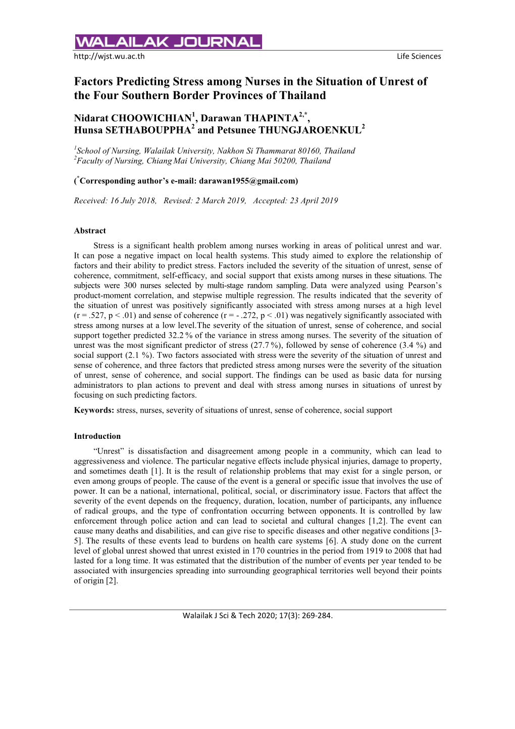 Factors Predicting Stress Among Nurses in the Situation of Unrest of the Four Southern Border Provinces of Thailand