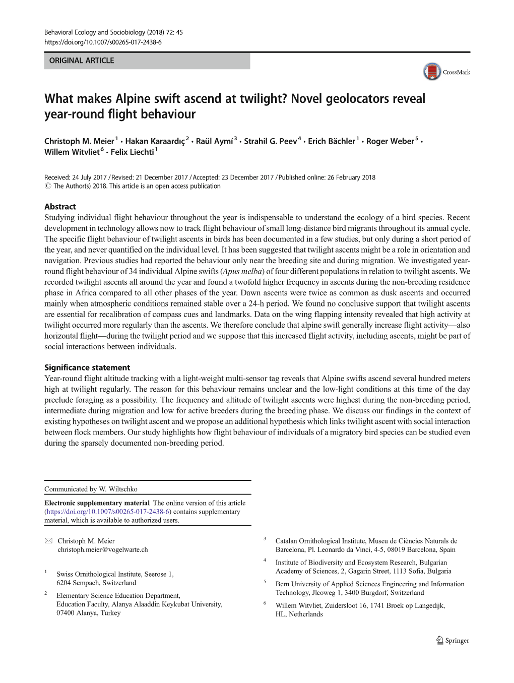 What Makes Alpine Swift Ascend at Twilight? Novel Geolocators Reveal Year-Round Flight Behaviour